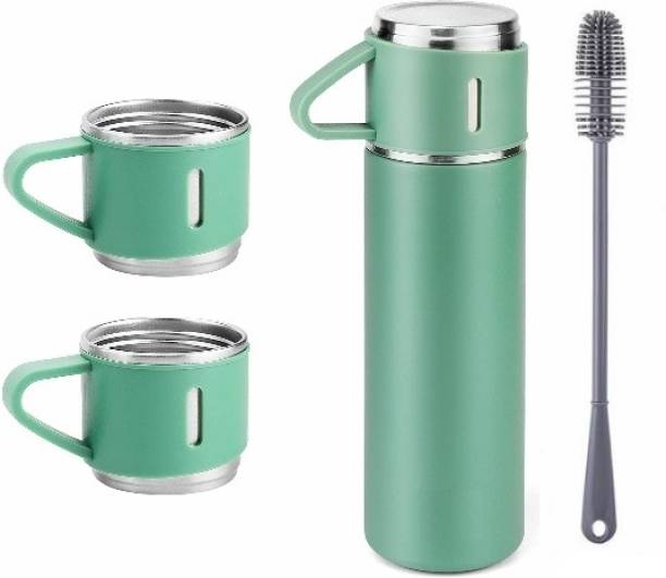 ICONIX Vacuum Flask set 3Cup set for Hot &Cold Drink BPA Free Green with Silicon Brush 500 ml Flask