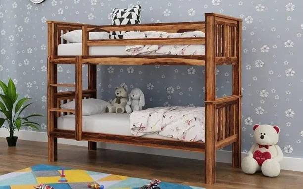WOODSTAGE Sheesham Wood Single Size Bunk Bed with Ladder Wooden Trundle Twin Over Bed Solid Wood Bunk Bed