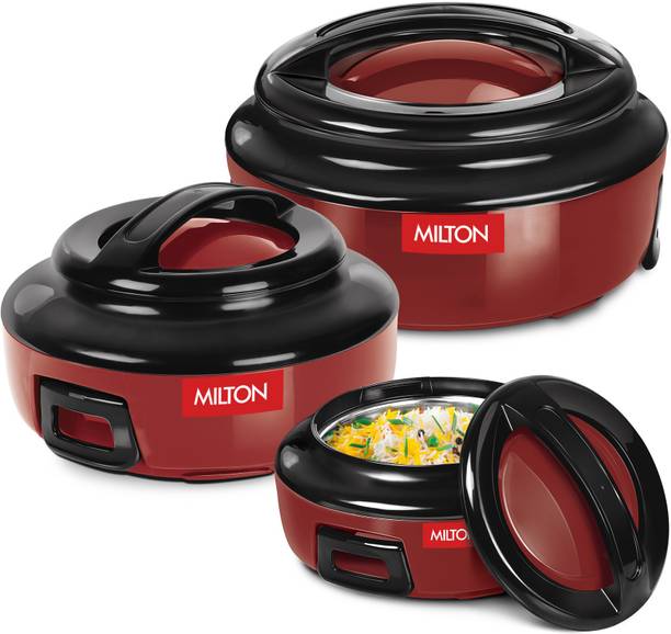 MILTON Ernesto Inner Steel Jr. Casserole Set of 3 (420 ml, 850 ml, 1.43 Litres), Red Pack of 3 Thermoware Casserole Set