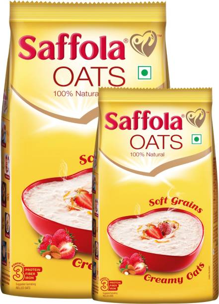 Saffola Rolled Oats,Creamy 100% Natural, High Protein & Fibre, Healthy Cereal, Pouch