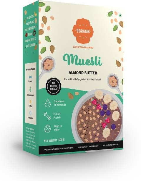 9grams Wholegrain & Almond butter Muesli, No Added Sugar,Protein Cereal & Healthy Snack Pouch