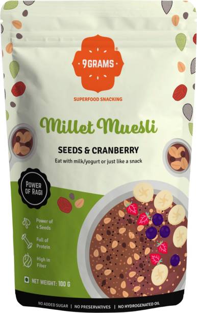 9grams Wholegrain & Millet Muesli | No added sugar, 12g Protein per serving, Use as Breakfast Cereal or Healthy Snack | Seeds & Cranberry, 300g Pouch