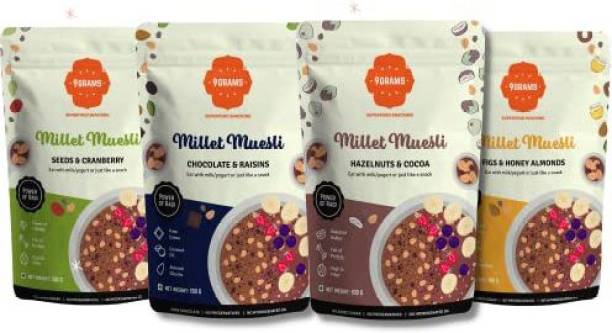 9grams Millet Muesli 4X100gms trial packs, Zero added Sugar, 11gm protein/serving Pouch