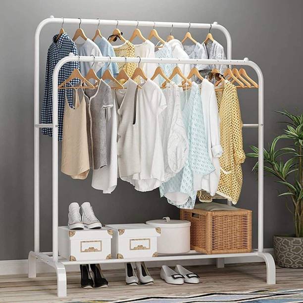 lukzer Double Garment Stand Cloth Rack Storage Organizer with Bottom Shelf (White) Metal Coat and Umbrella Stand