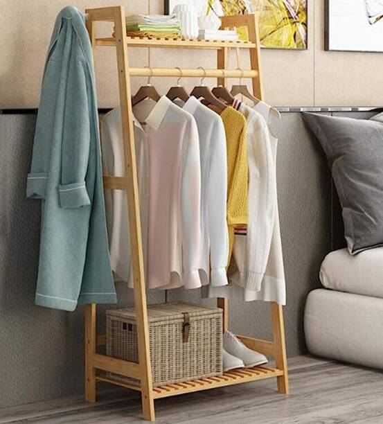 ADA Handicraft Premium Natural Bamboo Clothe Garment Rack with Side Hooks, Top Rod & Shoe Shelf Bamboo Coat and Umbrella Stand