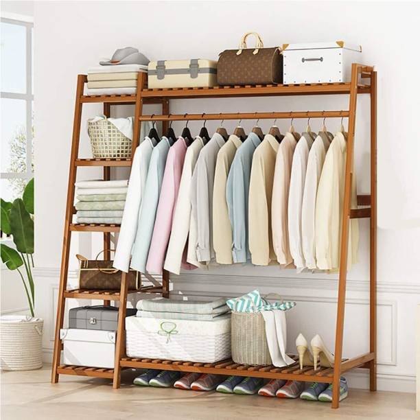 Naayaab Craft Heavy Duty Bamboo Clothes Garment Rack with Top Rod and 5 Tier Storage Shelves Bamboo Coat and Umbrella Stand