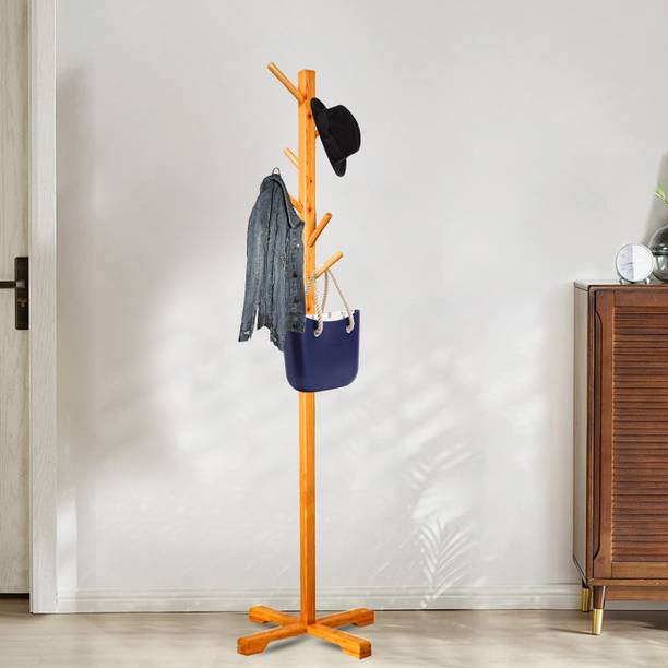 Naayaab Craft Free Standing Pine Wood Coat Stand with 8 Hooks for Hanging Coats Hats Bag Bamboo Coat and Umbrella Stand