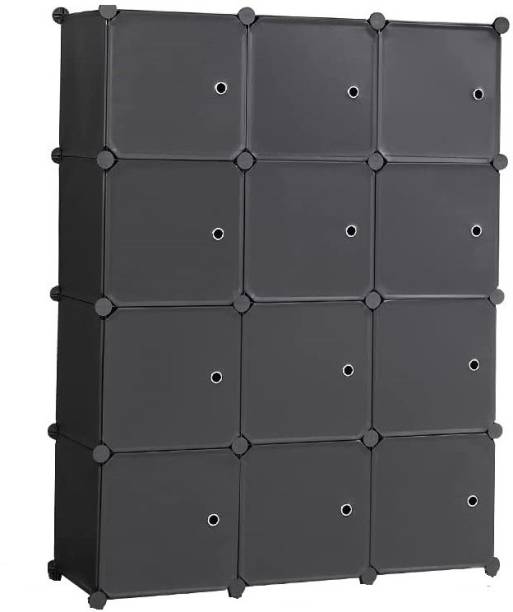 KriShyam ®12-Cube Storage Organizer DIY Plastic Closet Cabinet with Doors Modular Storage High Density Block Board Collapsible Wardrobe