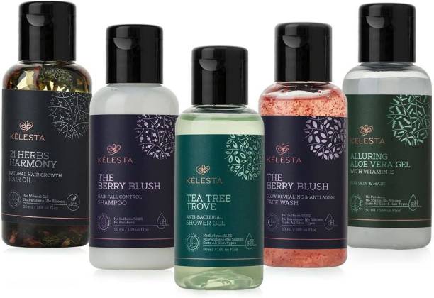 KELESTA Tea Tree Trove With Coffee & Cocoa Club Combo (Pack of 5) Body Wash + Facewash + Shampoo + Hair Oil + Aloe Vera Gel - Squeezed from Nature - No Toxin, No Parabens, No Sulphate - 50ml Each