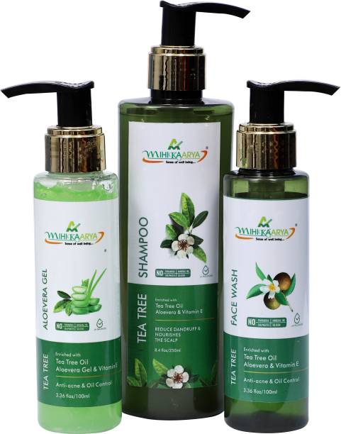 MIHIKAARYA Tea Tree combo Pack (450ml) of Tea tree Shampoo (250ml) + Tea Tree face wash (100ml) + Tea Tree Aloevera Gel (100ml)