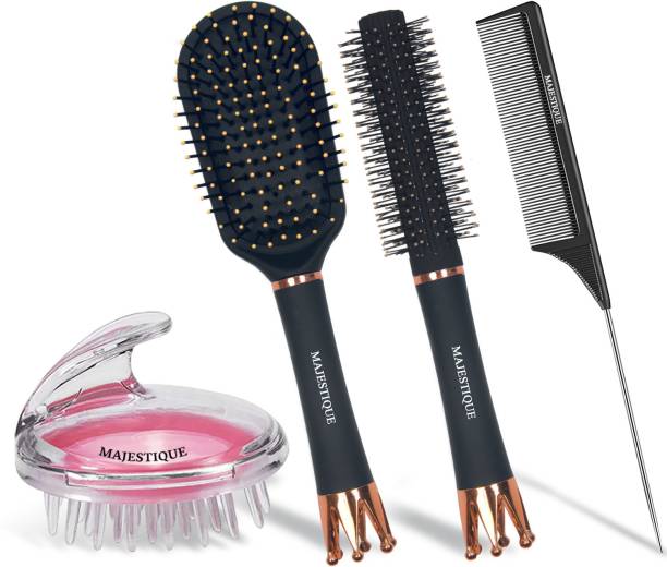 MAJESTIQUE 4 Pcs Hair Brush Set-Paddle, Roller Brush, Scalp Shampoo Massager with Tail Comb Price in India