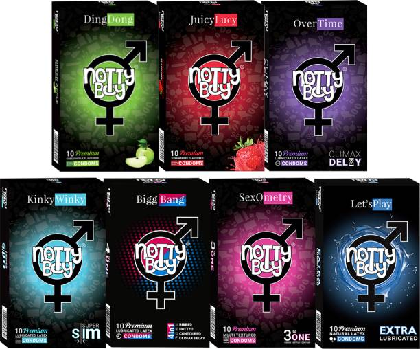 NottyBoy Condom Men Family Pack - Delay, Thin, Ribbed, Dotted, Pleasure Fit, Extra Lubricated and Flavoured Condom