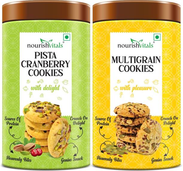 nourishvitals Pista Cranberry Cookies + Multigrain Cookies, Heavenly Bites, Source of Protein Cookies