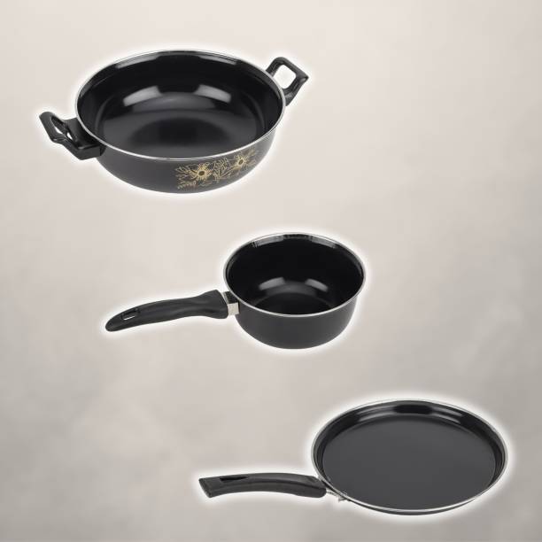 MY STORE Kadhai, Sauce Pan, Tawa - Cookware Set of 3 Pc Induction Bottom Non-Stick Coated Cookware Set