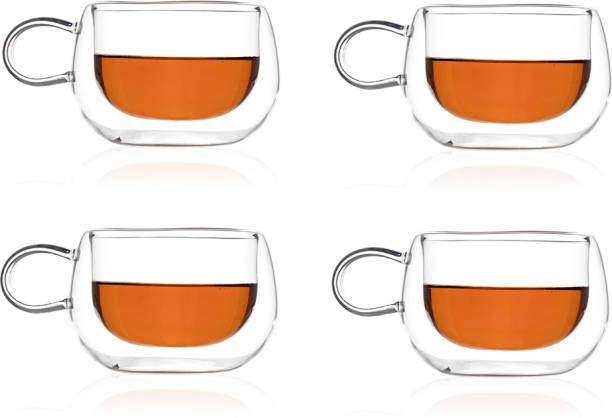 EZ Life Pack of 4 Glass Borosilicate Double Walled Round Mug Glass Coffee Cups with Handle, Cappuccino