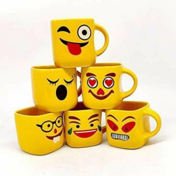 RAGHAV EMPORIUM Pack of 6 Bone China Premium Square Smiley / Emoji Tea Cups Set of 6 | Coffee Mugs for Home Office