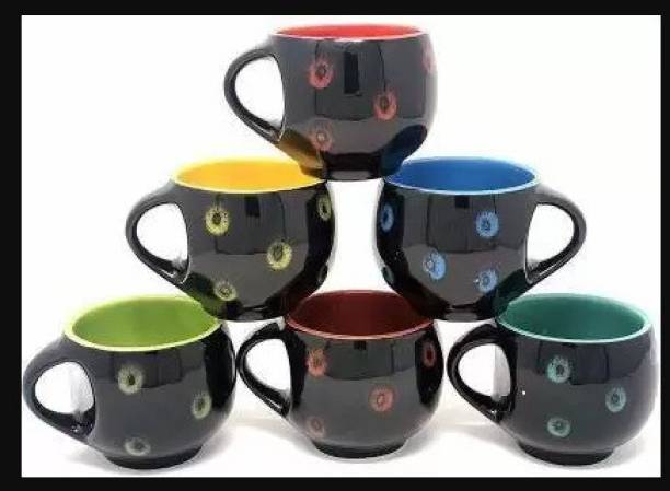 RAGHAV EMPORIUM Pack of 6 Bone China Pack of 6 Ceramic Black pari design Tea Coffee CUPS