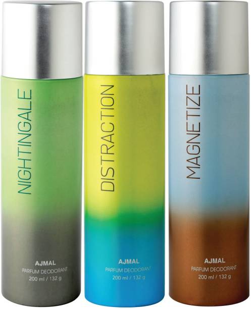 Ajmal Nightingale & Distraction & Magnetize Deodorant Combo Pack of 3 High Quality Deodorants 200ml each (Total 600ML) for Men & Women + 4 Parfum Testers Deodorant Spray  -  For Men & Women
