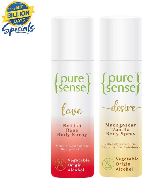 PureSense Body Spray Combo (Love British Rose + Madagascar Vanilla) Long Lasting No Gas Deodorant Spray  -  For Men & Women