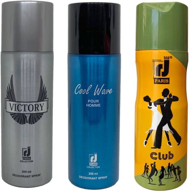 R J PARIS VICTORY + COOL WAVE POUR HOMME + CLUB Deodorant Spray  -  For Men & Women