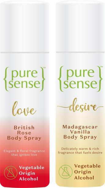 PureSense Body Spray Combo (Love British Rose + Madagascar Vanilla) Long Lasting No Gas Deodorant Spray  -  For Men & Women