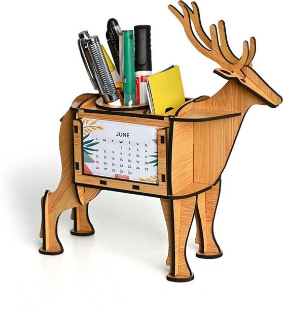 GIFT KYA DE 1 Compartments Wooden Deer Showpiece & Desk Organizer With Desk Calendar And Table Clock (Bamboo)