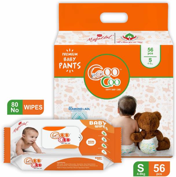 Coo Coo Small Size Diaper Pants (56 Count) & Baby wipes (80 Count) combo pack - S