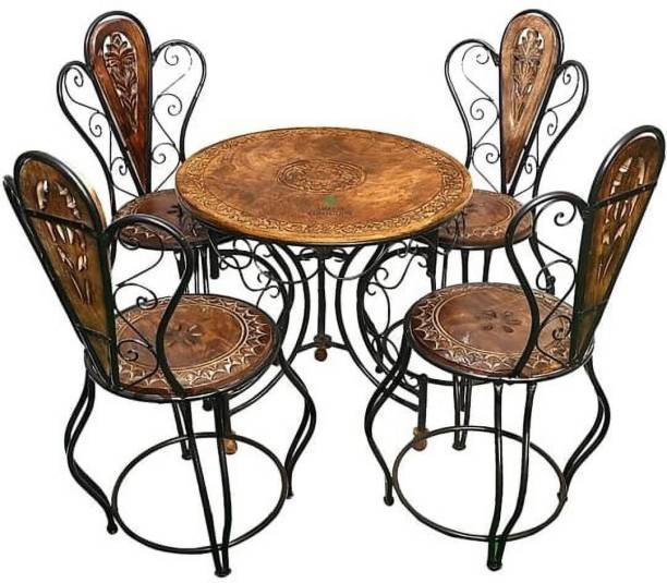 Casa Trading Wood & Wrought Iron Decorative Mooda Chairs with Foldable Round Table Metal 4 Seater Dining Set