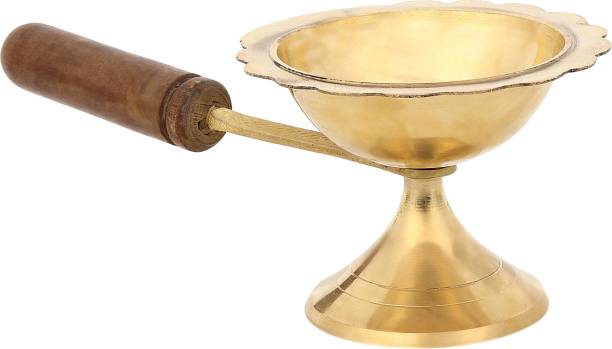 DOKCHAN Pure Brass Home Purifying Incense Burner Lobandan, Brass Dhuna dhuni Brass, Wood Table Diya