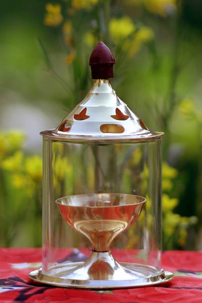 Heaven Decor Golden Akhanddeep high quality Diya WIth Cover Brass, Glass Table Diya