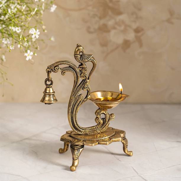 DecorTwist Brass Oil Peacock Design Diya with Bell Antique Diwali Pooja Deepak Brass Table Diya