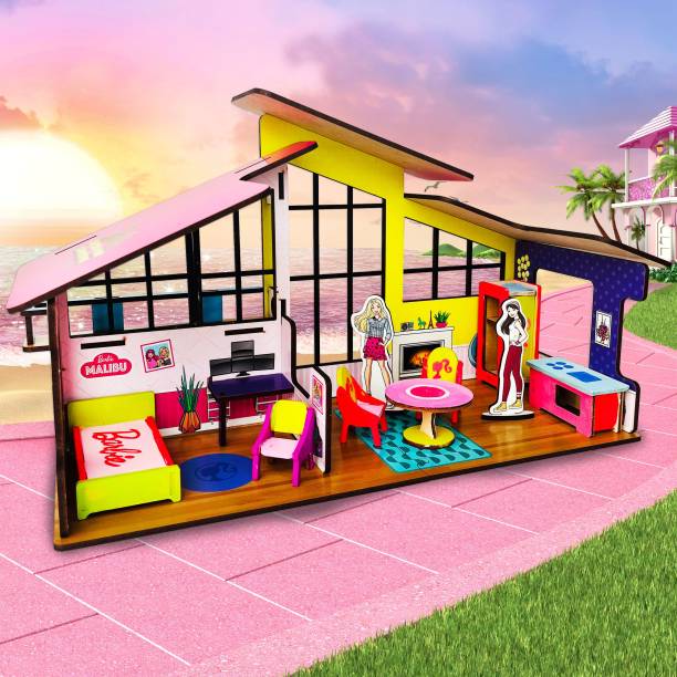 BARBIE Dream Doll House for Girls & Boys DIY Paint Wooden Dollhouse Toy with Furniture