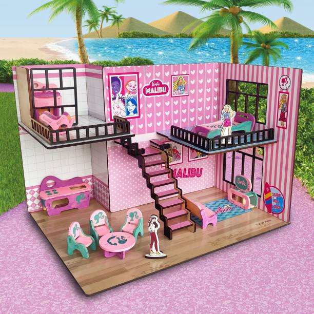 BARBIE Malibu Doll House for Girls & Boys DIY Paint Wooden Dollhouse Toy with Furniture