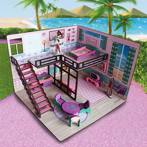 BARBIE Beach Doll House for Girls & Boys DIY Paint Wooden Dollhouse Toy with Furniture