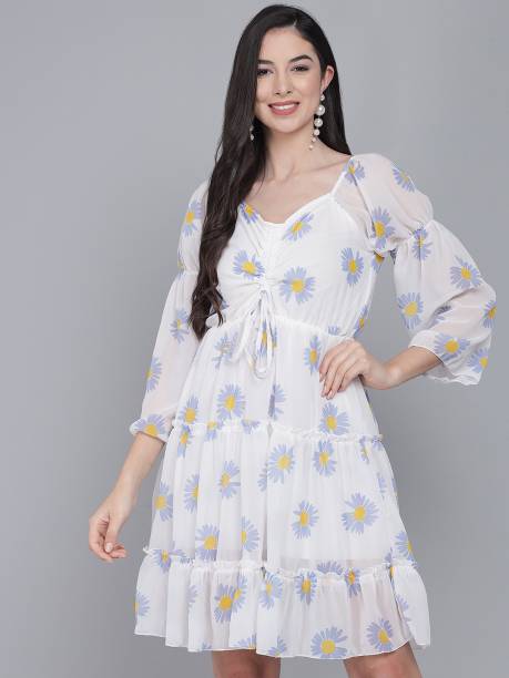 FUNDAY FASHION Women Fit and Flare White, Blue Dress