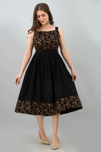 Women Fit and Flare Black Dress Price in India