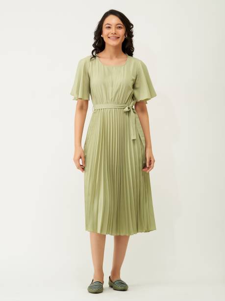 Women Pleated Grey, Green Dress Price in India