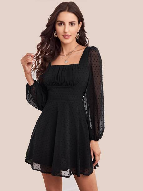 Women Fit and Flare Black Dress Price in India