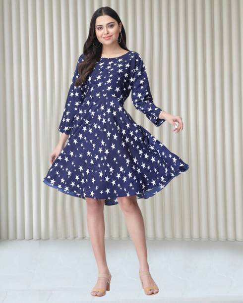 Women A-line Dark Blue, White Dress Price in India
