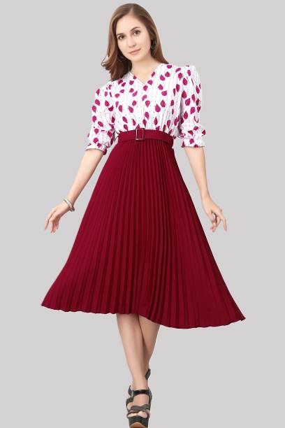 Women Pleated Maroon, White Dress Price in India