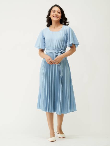 Women Pleated Light Blue Dress Price in India