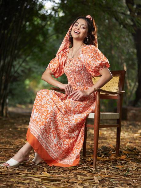 Women A-line Orange, White Dress Price in India
