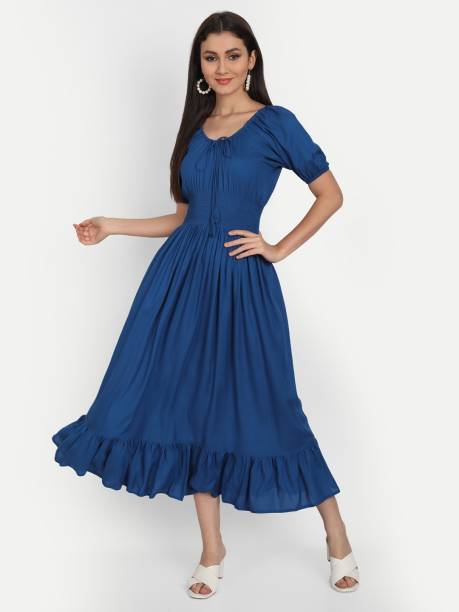 Women Cinched Waist Blue Dress Price in India