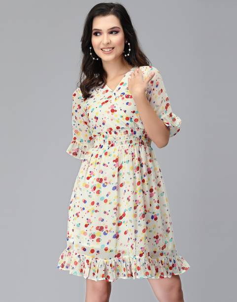 Women Fit and Flare Multicolor, White Dress Price in India