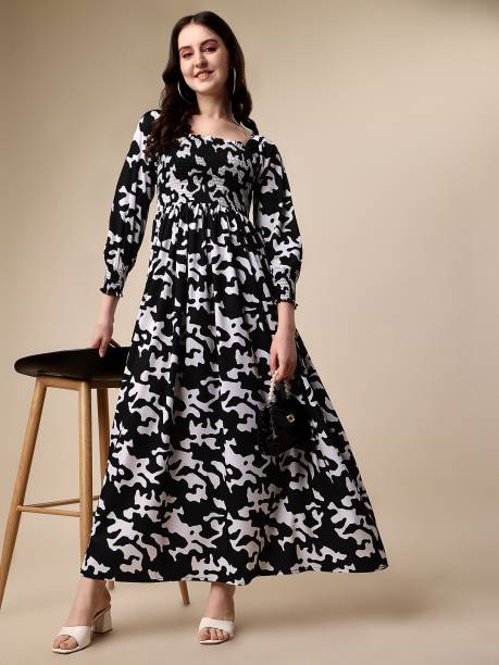 Women Fit and Flare Black, White Dress Price in India