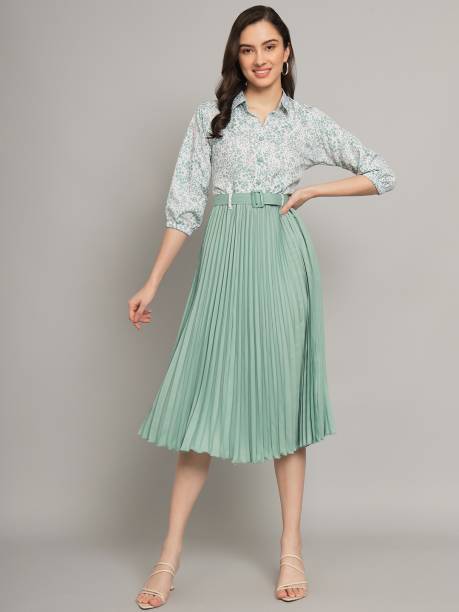 Women A-line Light Green, White Dress Price in India