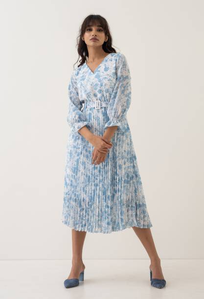 Women Pleated Blue Dress Price in India