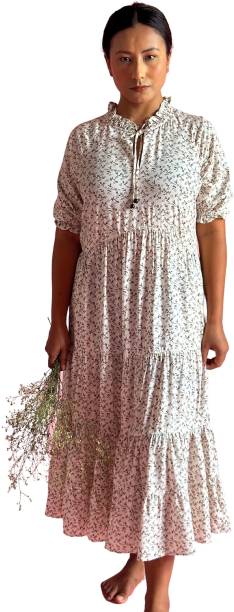 Women A-line White, Brown Dress Price in India