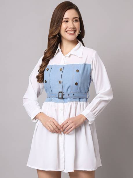 Women A-line Light Blue, White Dress Price in India