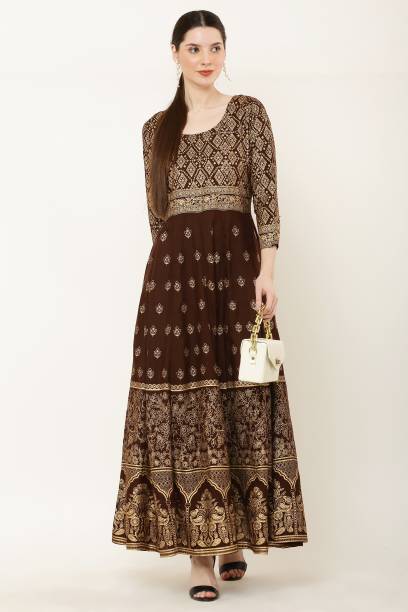 Women Fit and Flare Brown, Gold Dress Price in India